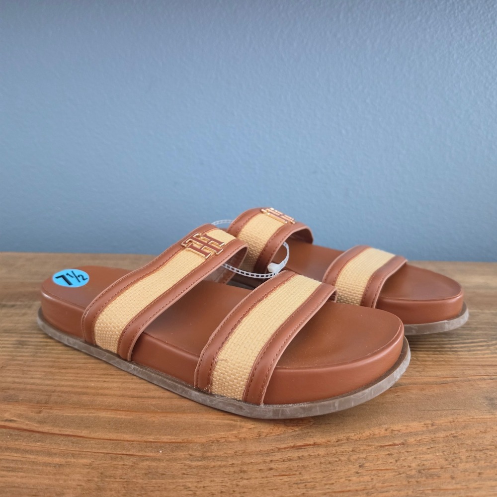 Tommy Hilfiger Womens Slide Sandals‎ Tan Beige Raffia Monogram TWJEO-T 7.5